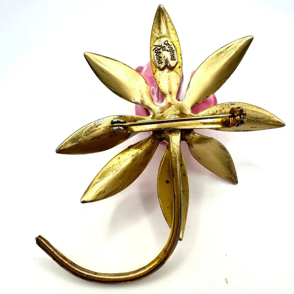 Original by Robert signed vintage gold tone pink green enamel 3D flower brooch